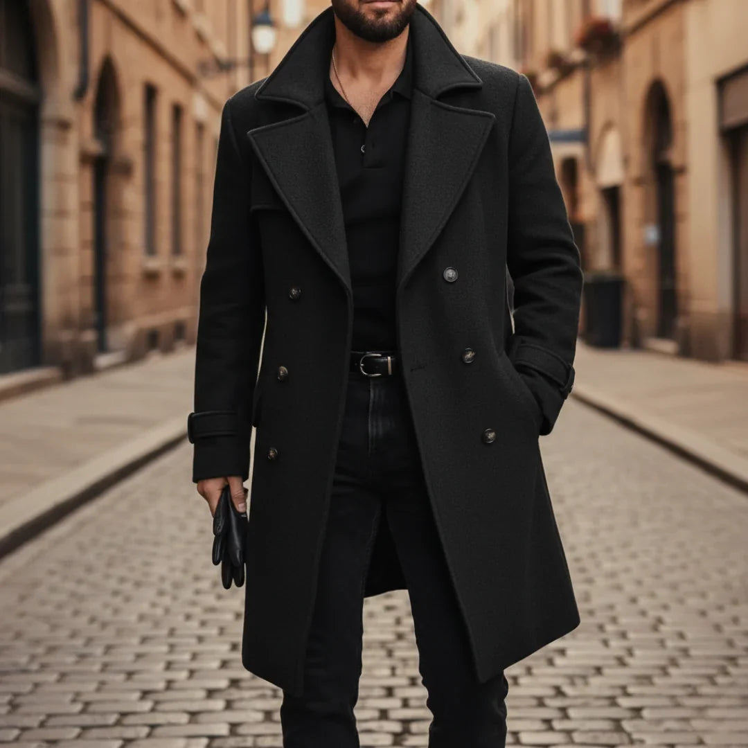 Men's Wool Coat – Blue Double-Breasted Longline