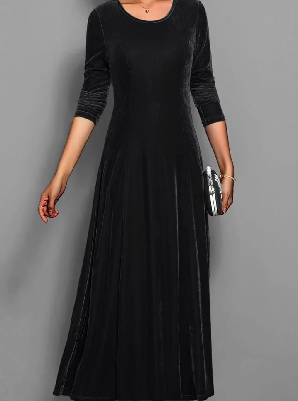 Velvet Maxi Dress – Red Long Sleeve Round Neck