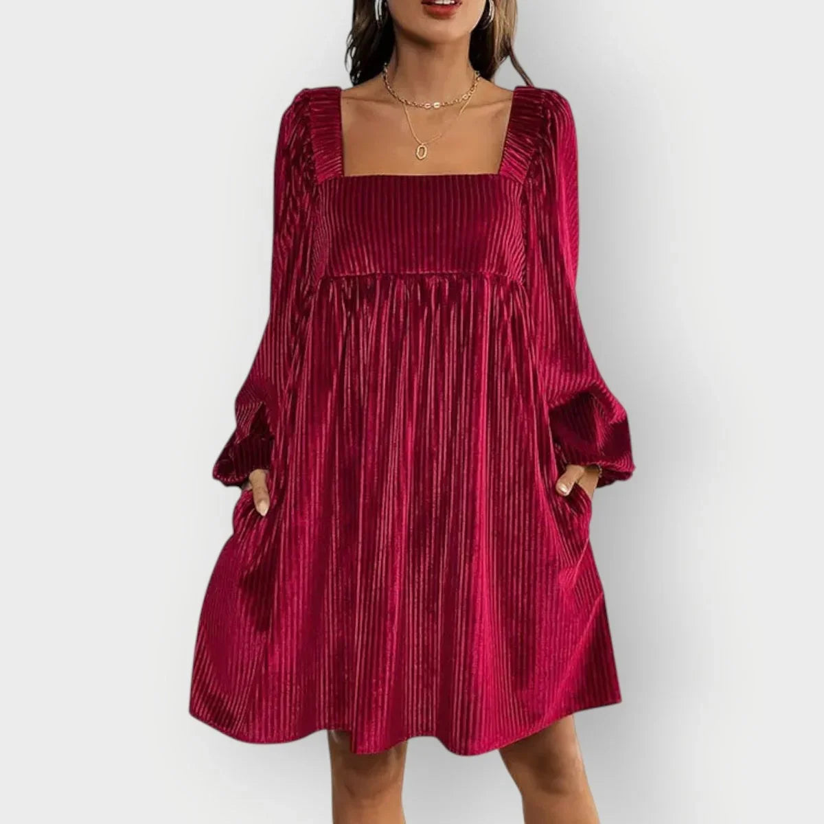 Velvet Dress – Wine Red Pleated Square Neck