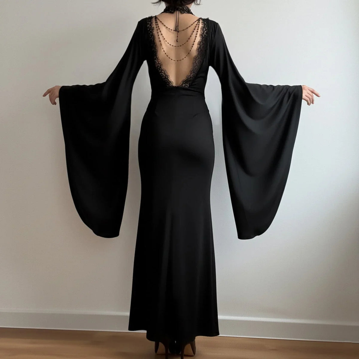 Lace Maxi Dress – Black Flared Sleeve V-Neck