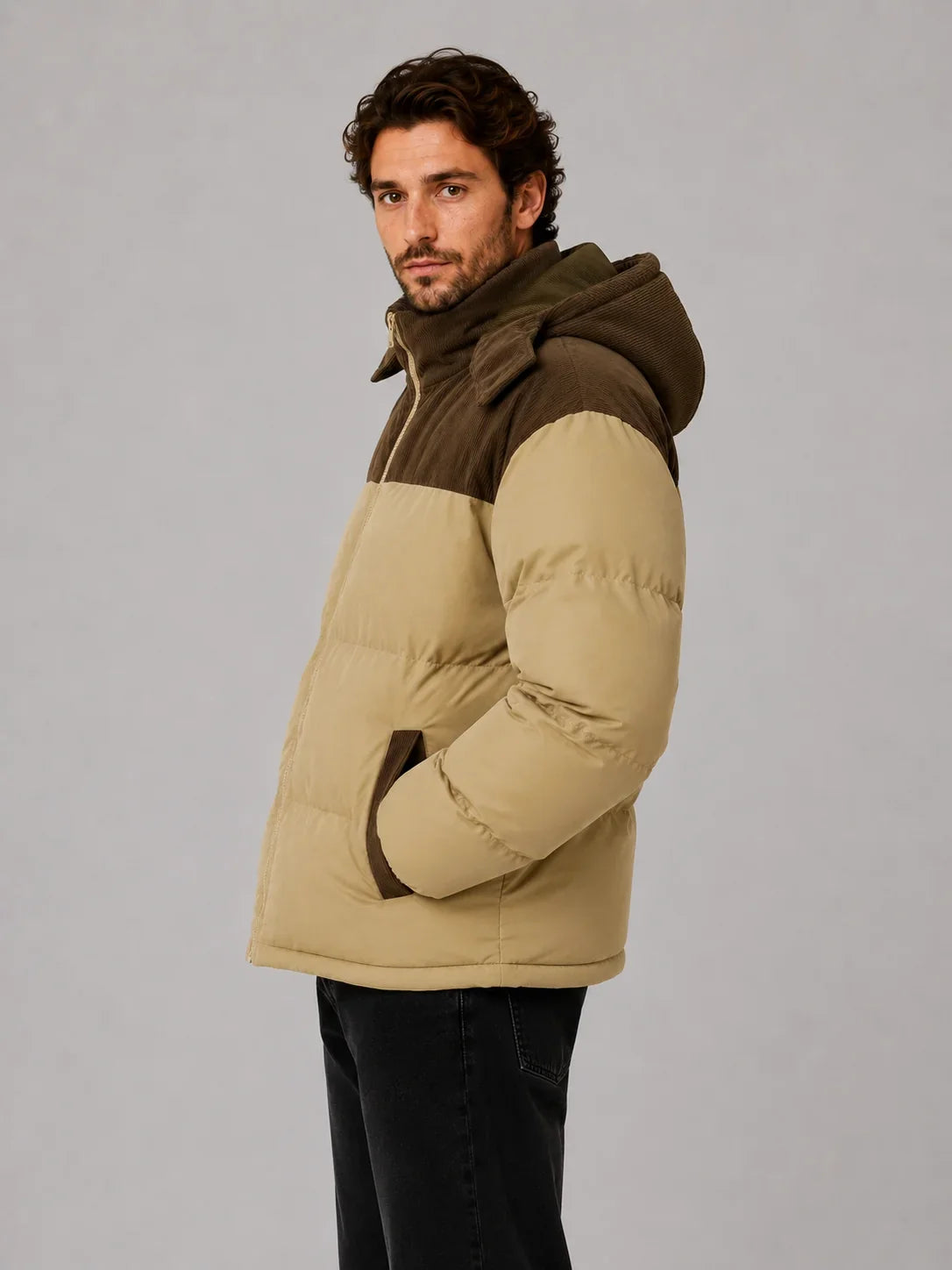 Men's Hooded Two-Tone Puffer Jacket