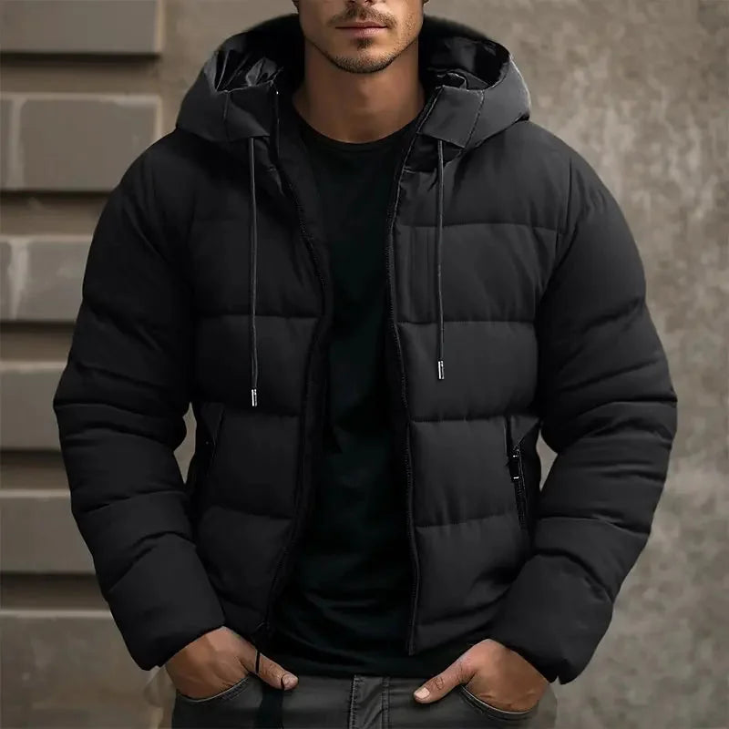 Men's Puffer Jacket – Black Hooded Side Pockets