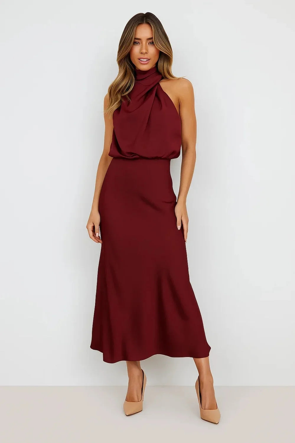Wedding Guest Dress – Dark Red Halter Satin Maxi