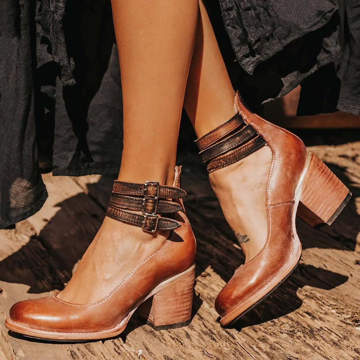 Ankle Boots Triple Buckle Strap Block Heel