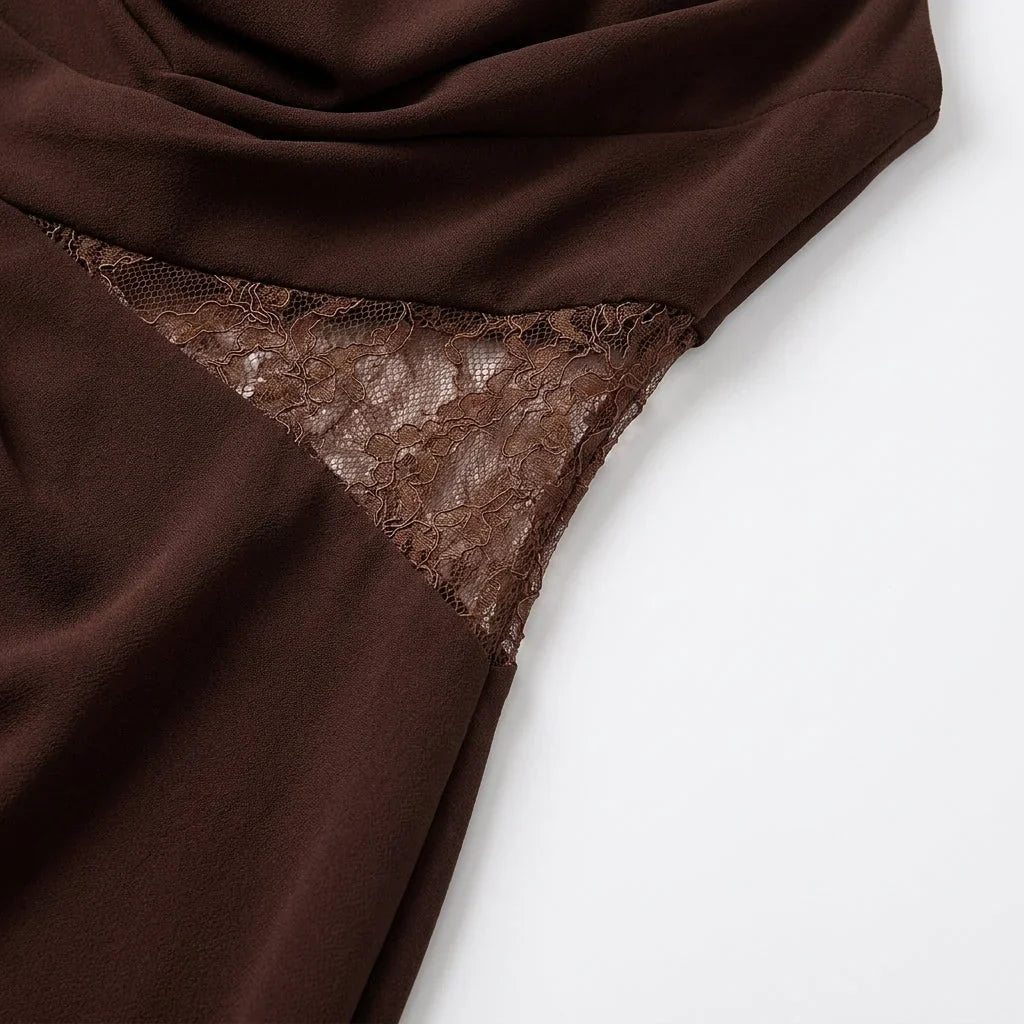 Lace Maxi Dress – Brown High Neck Halter