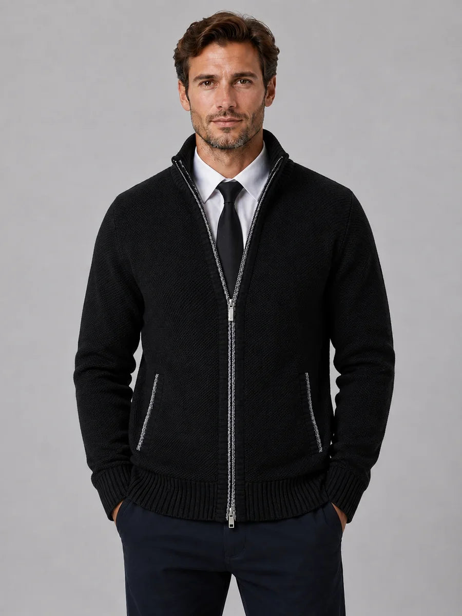 Men's Full Zip Knit Cardigan – Funnel Neck Textured Jumper