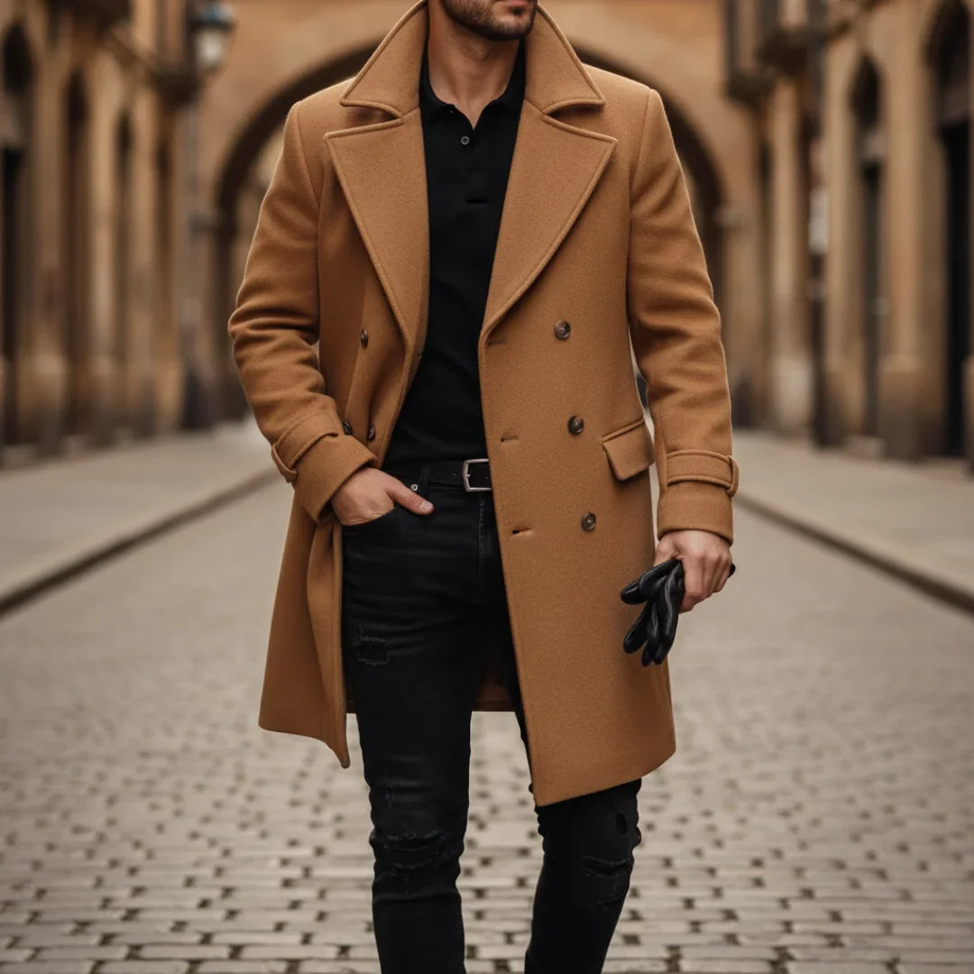 Men's Wool Coat – Blue Double-Breasted Longline