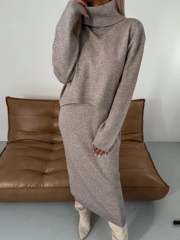 Sweater Dress – Beige Turtleneck Two-Piece Midi