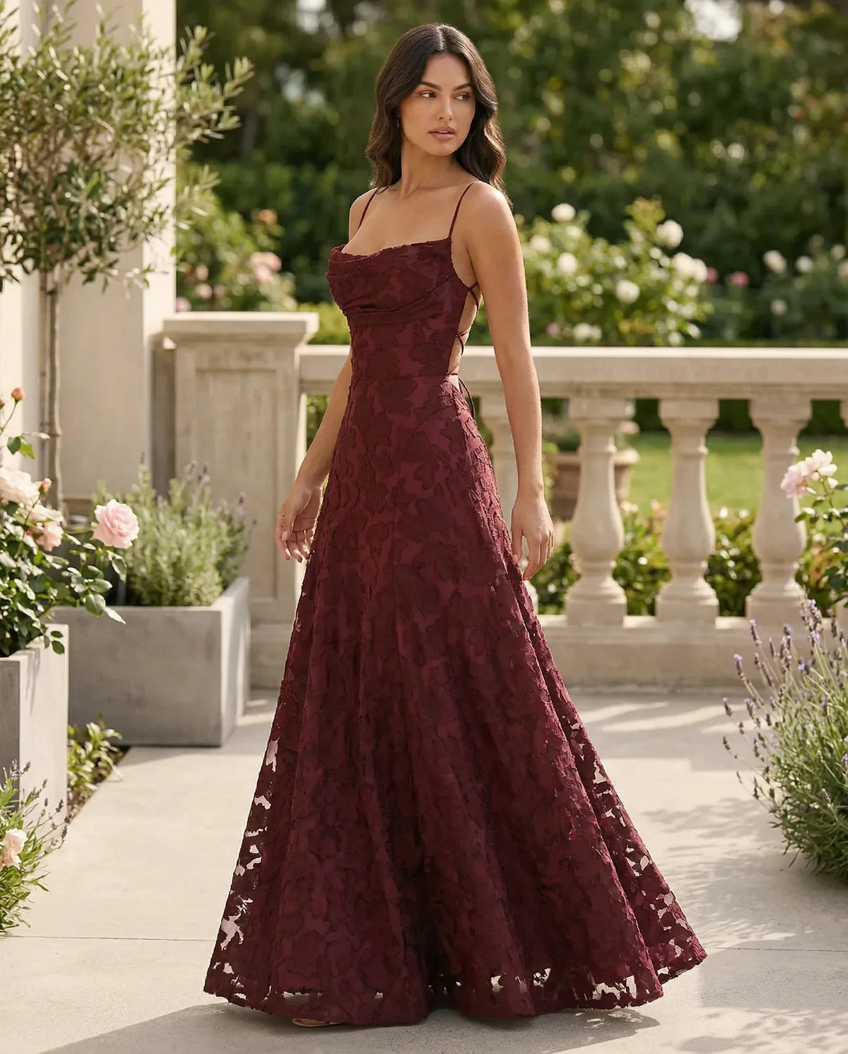 Wedding Guest Dress – Red Lace A-Line Maxi