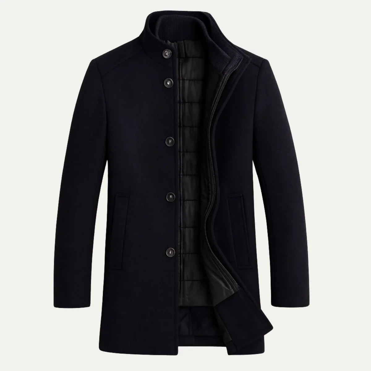 Men's Wool Coat – Black Stand Collar Overcoat