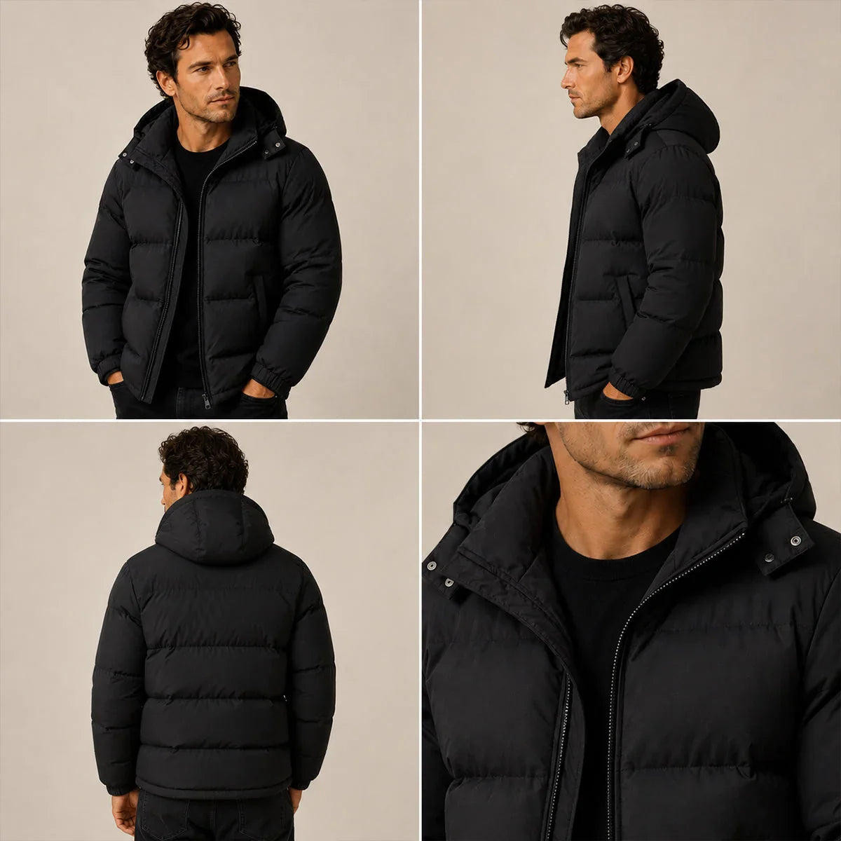 Men's Puffer Jacket – Black Hooded Insulated