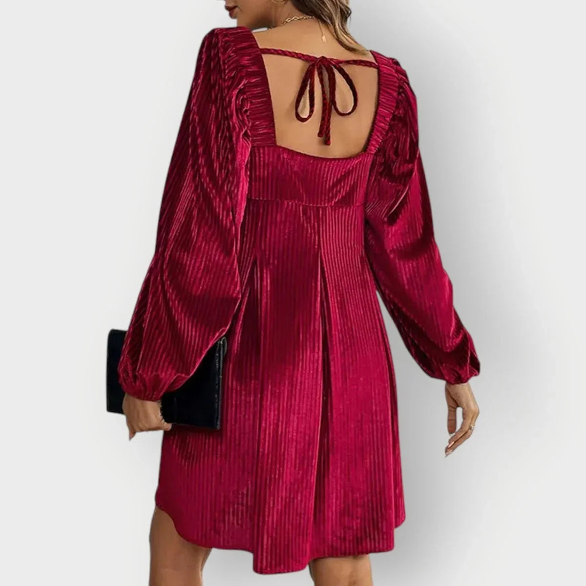 Velvet Dress – Wine Red Pleated Square Neck