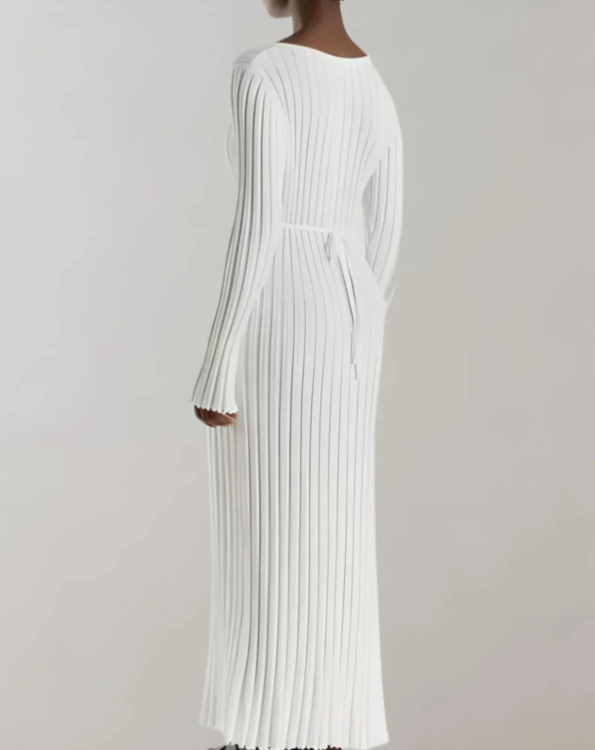Sweater Dress – White V-Neck Ribbed Maxi