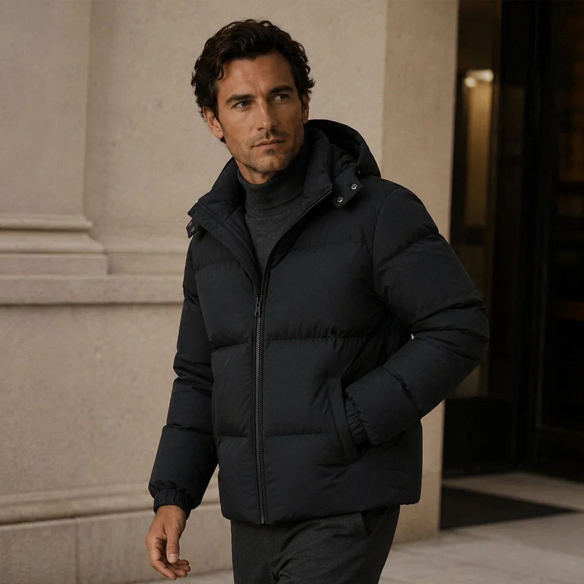 Men's Puffer Jacket – Black Hooded Insulated