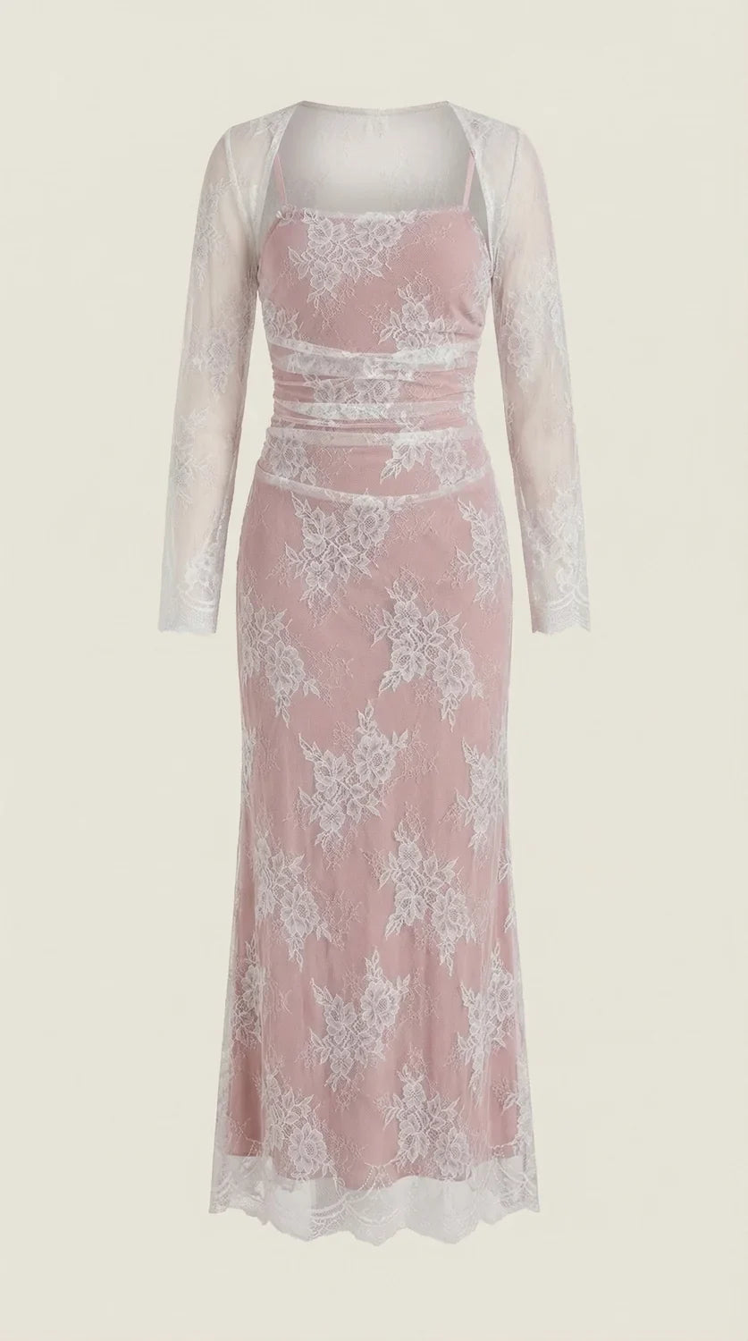 Lace Maxi Dress – Ivory White Long Sleeve Square Neck