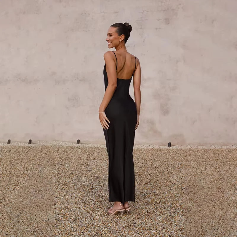 Wedding Guest Dress – Black Cowl Neck Satin Maxi