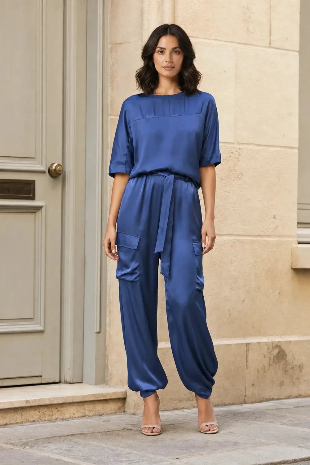 Satin Cargo Pants Set Two Piece