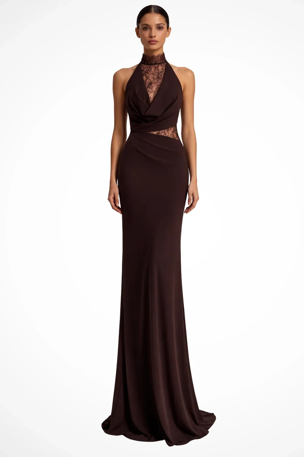Lace Maxi Dress – Brown High Neck Halter