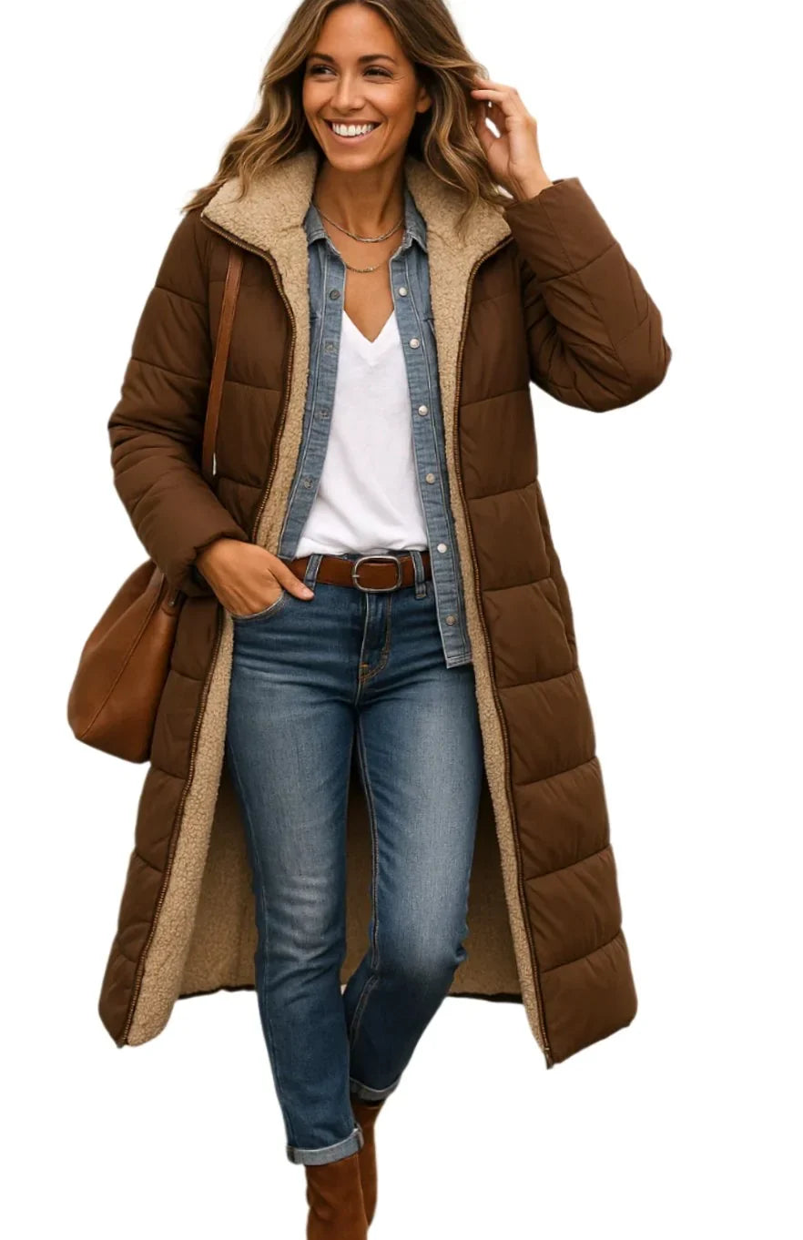 Long Hooded Puffer Coat – Black Sherpa Lined
