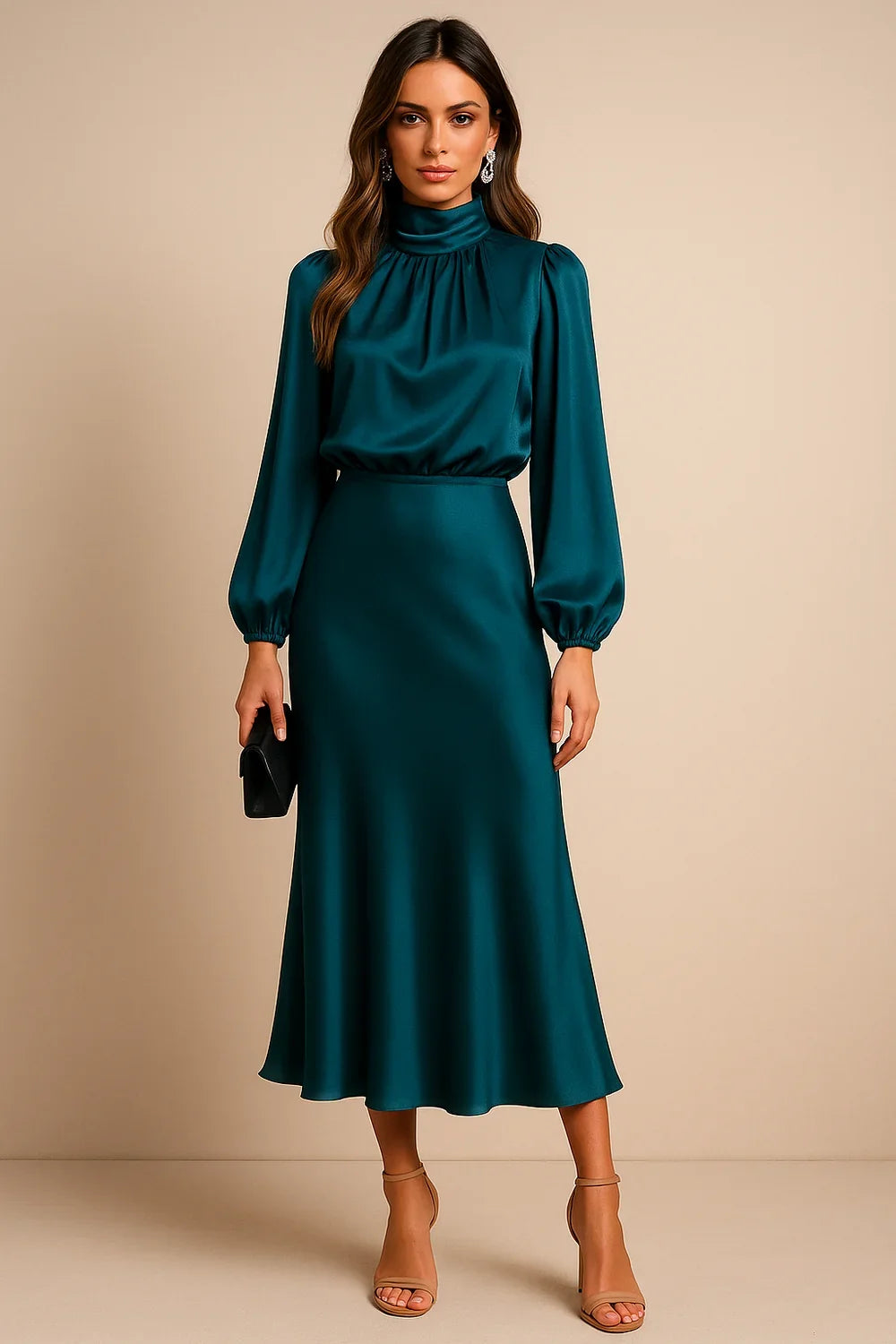 Wedding Guest Dress – Black Roll Neck Satin Midi