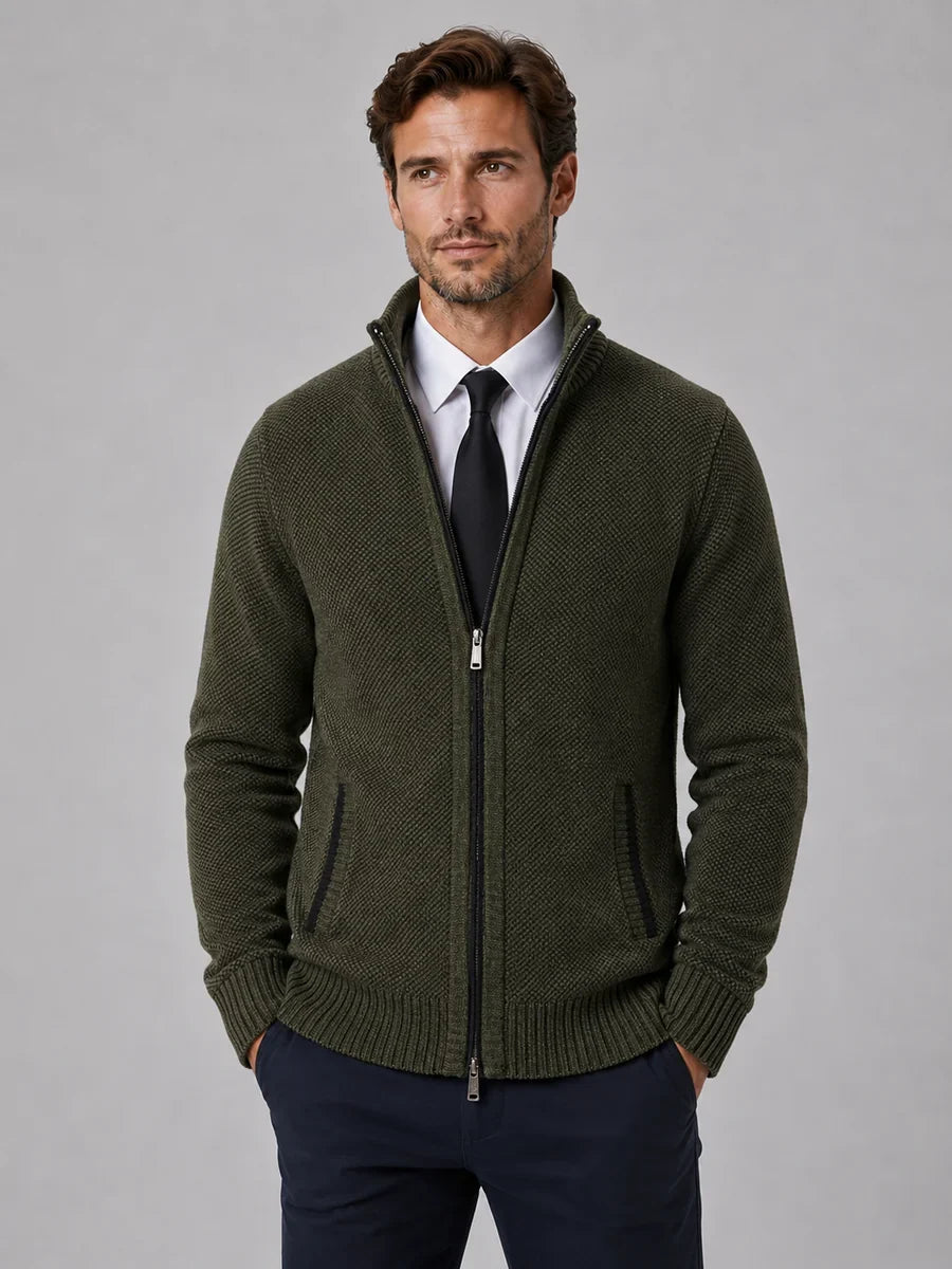 Men's Full Zip Knit Cardigan – Funnel Neck Textured Jumper