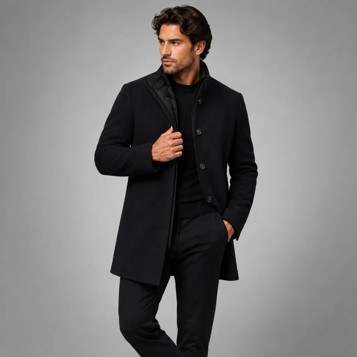 Men's Wool Coat – Black Stand Collar Overcoat