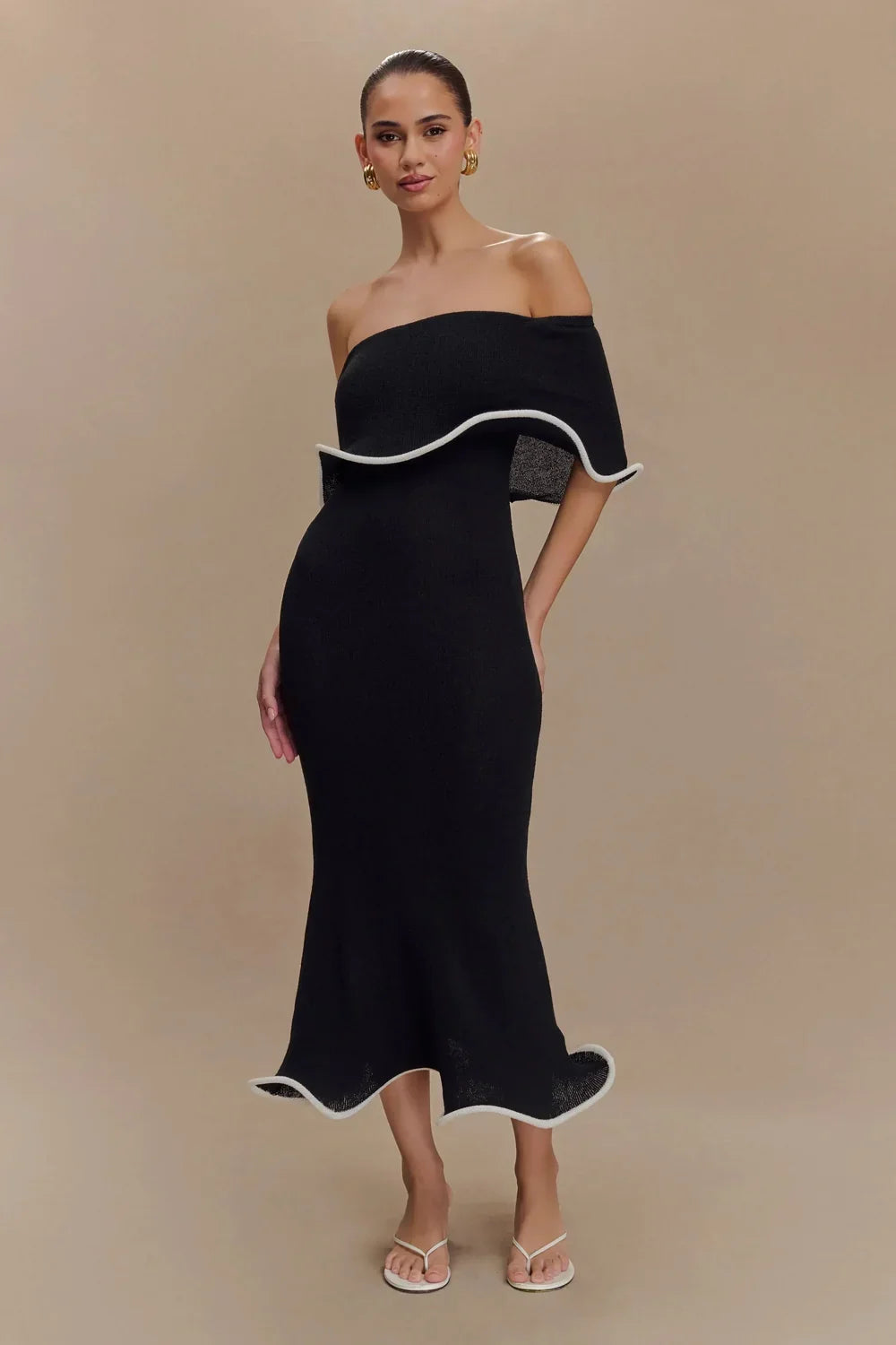 Sweater Dress – Black Off-Shoulder Midi