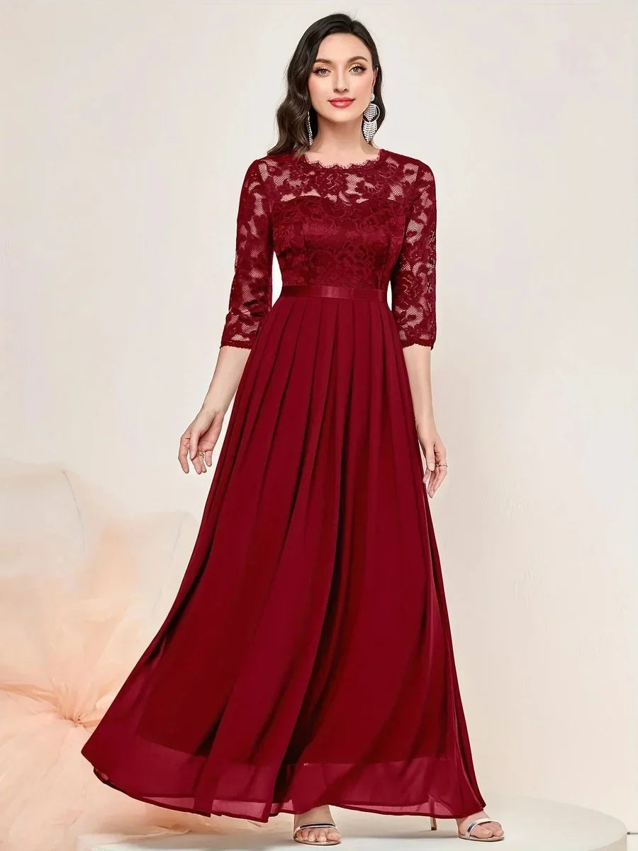 Lace Maxi Dress – Red Three-Quarter Sleeve