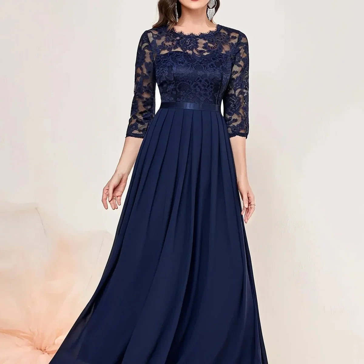 Lace Maxi Dress – Red Three-Quarter Sleeve