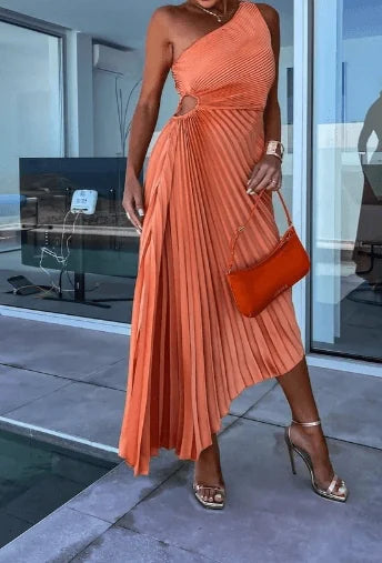Wedding Guest Dress – Red One-Shoulder Pleated Maxi
