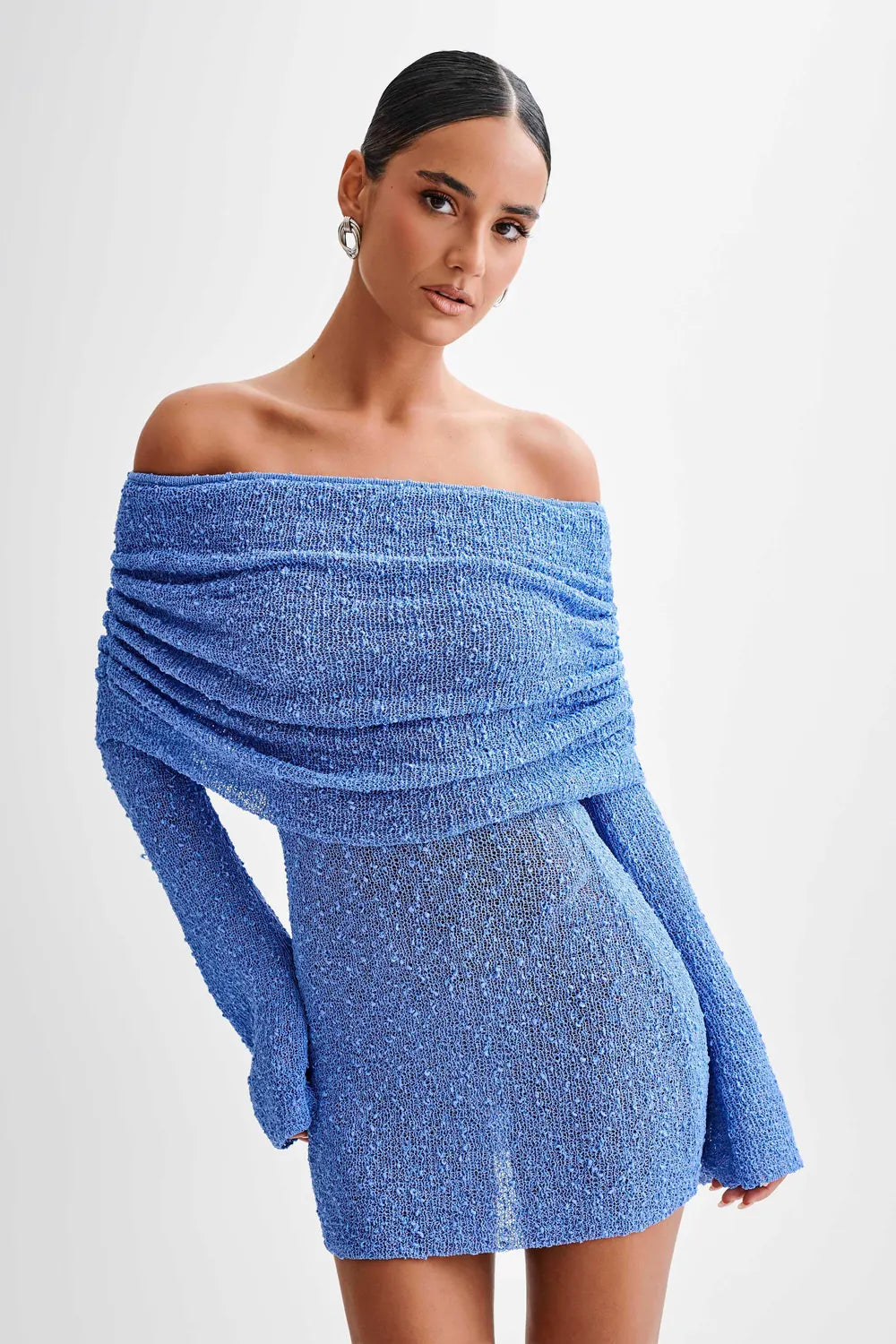Sweater Dress – White Off-Shoulder Fitted Mini