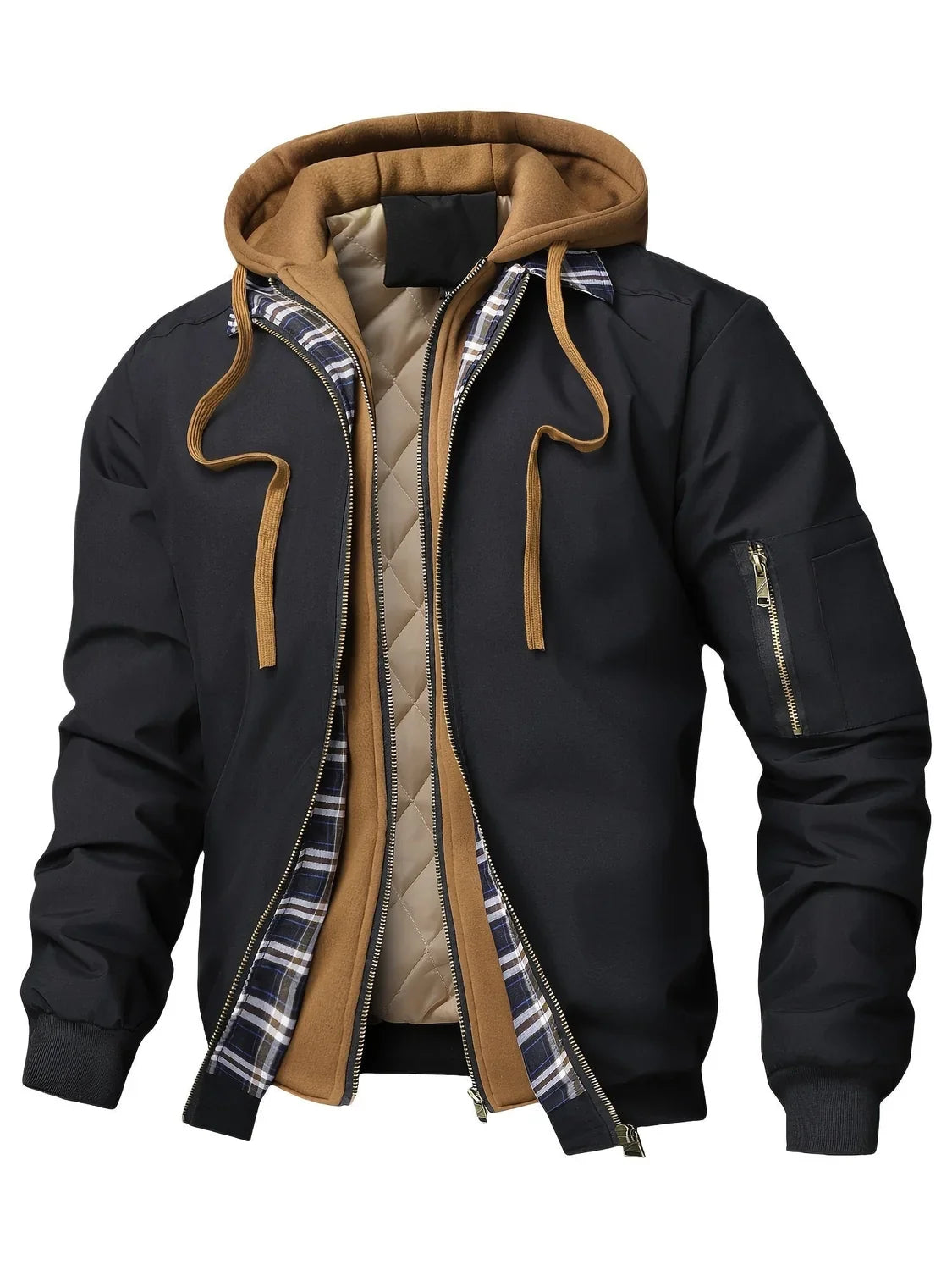 Men's Hooded Plaid Lined Winter Jacket