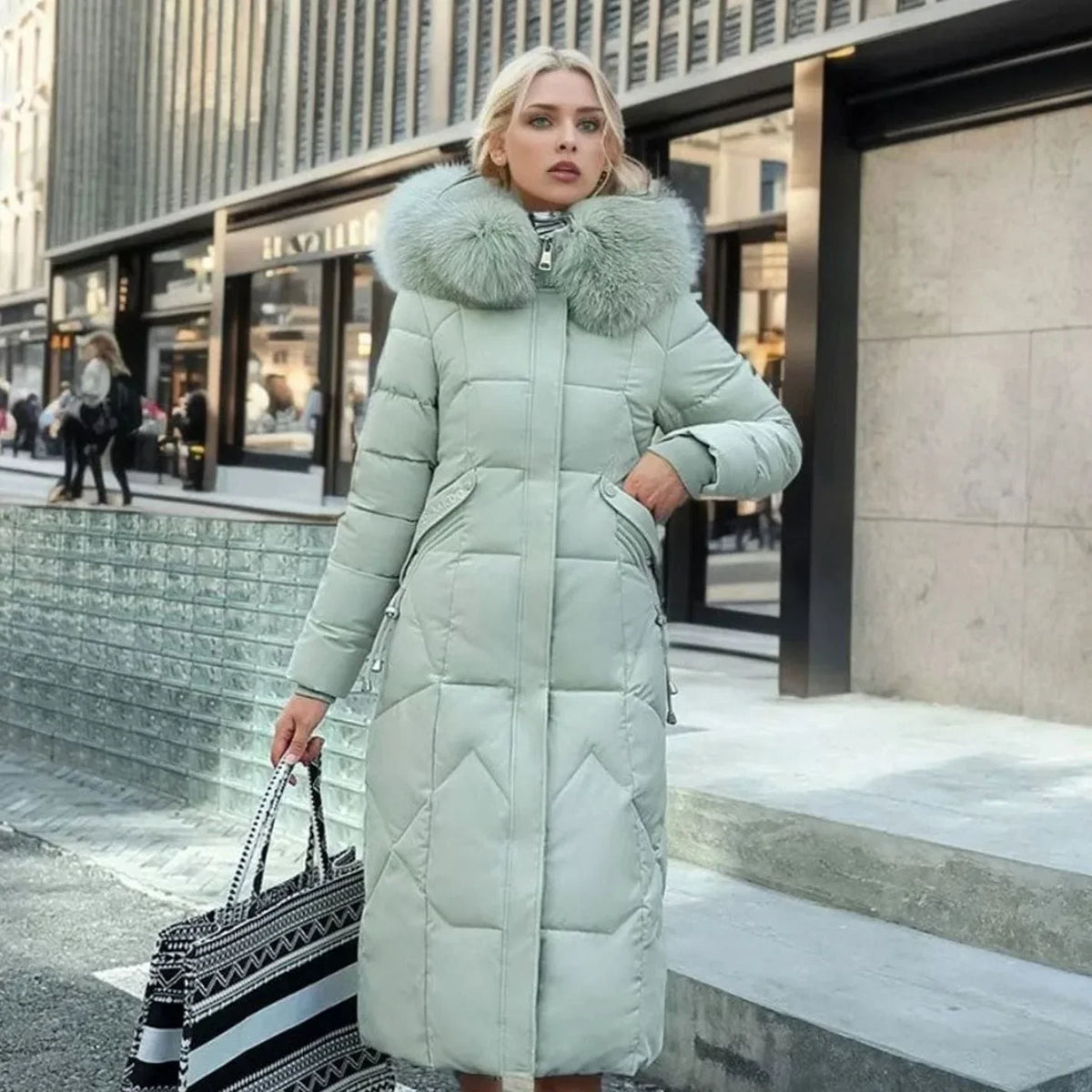 Long Hooded Puffer Coat – Black Faux Fur Trim