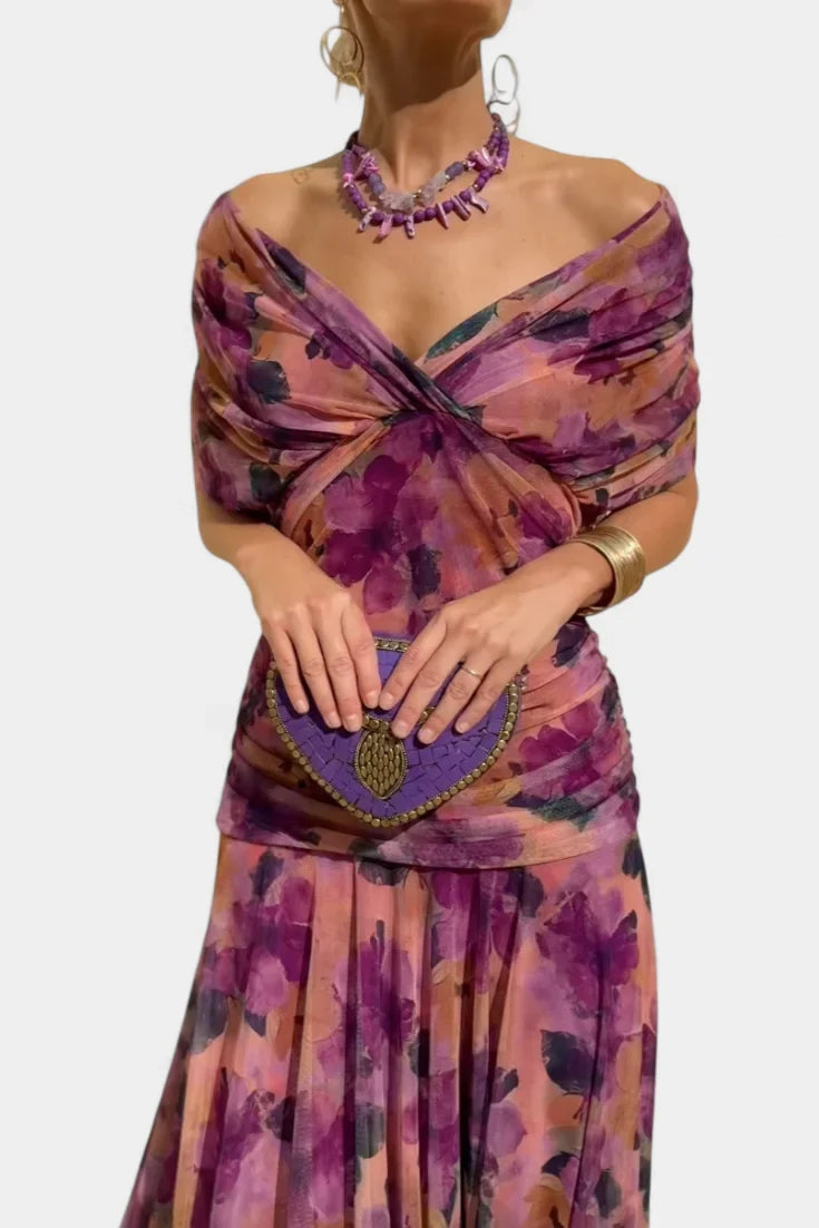 Off Shoulder Midi Dress Draped Wrap Bodice