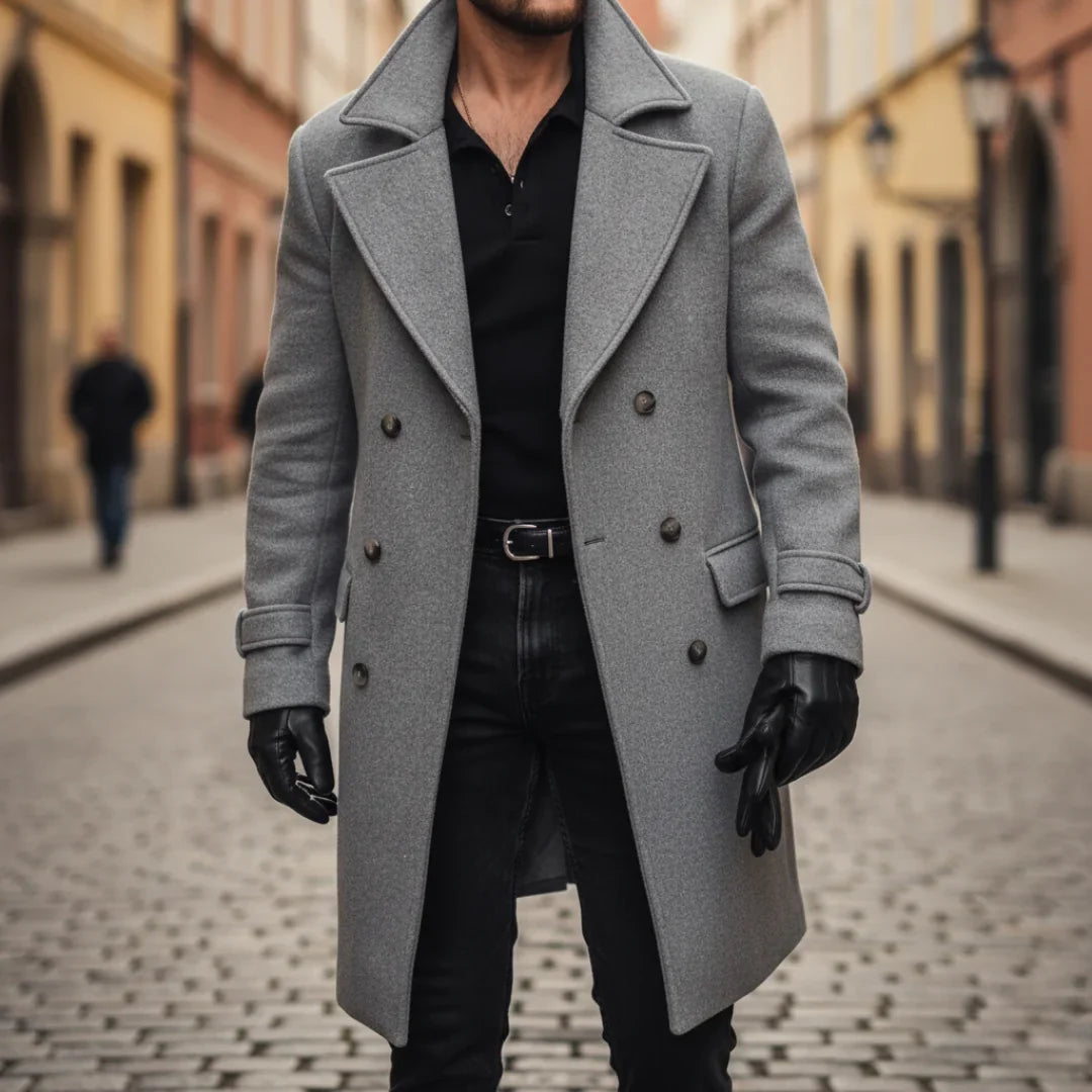 Men's Wool Coat – Blue Double-Breasted Longline