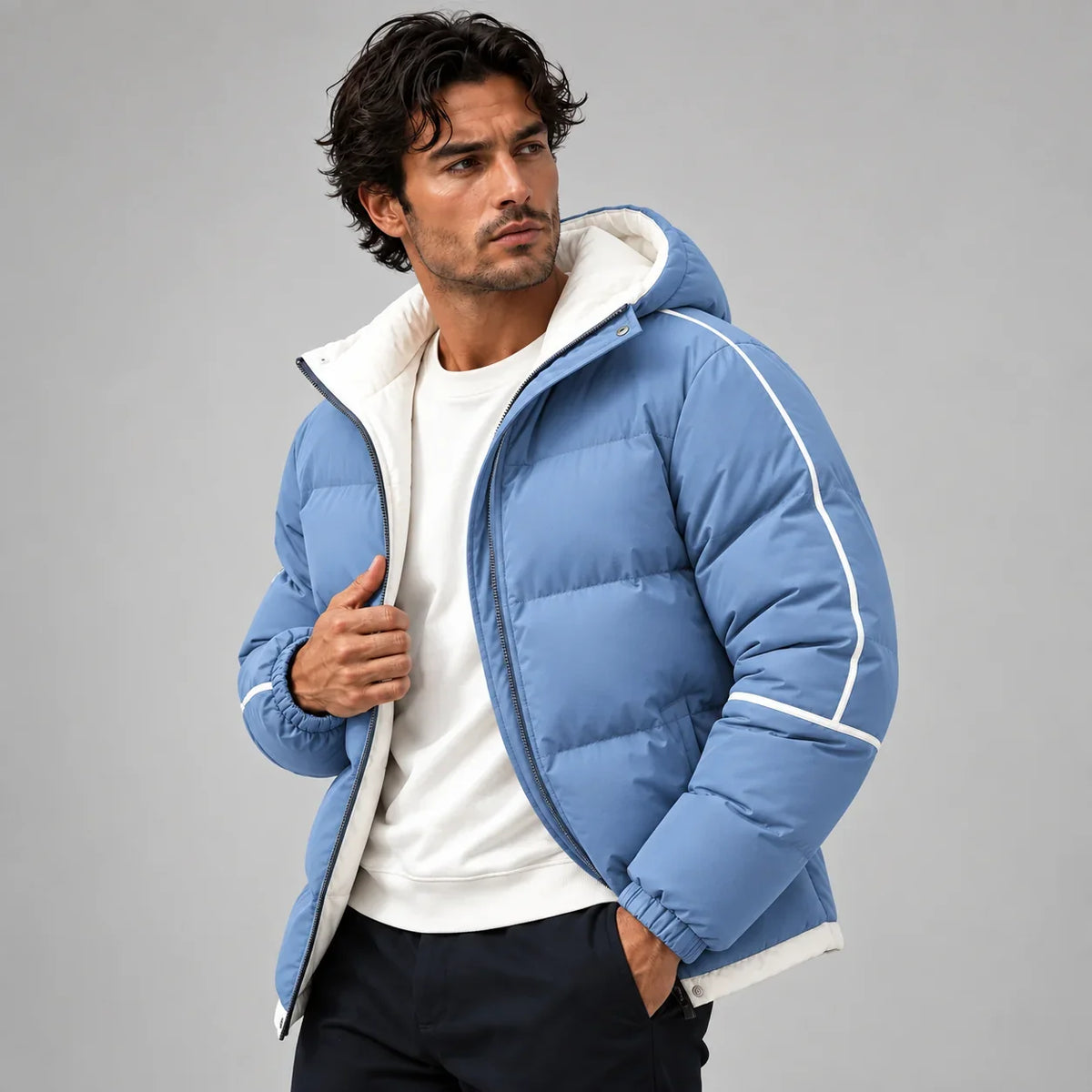 Men's Hooded Puffer Jacket – Black Contrast Piping
