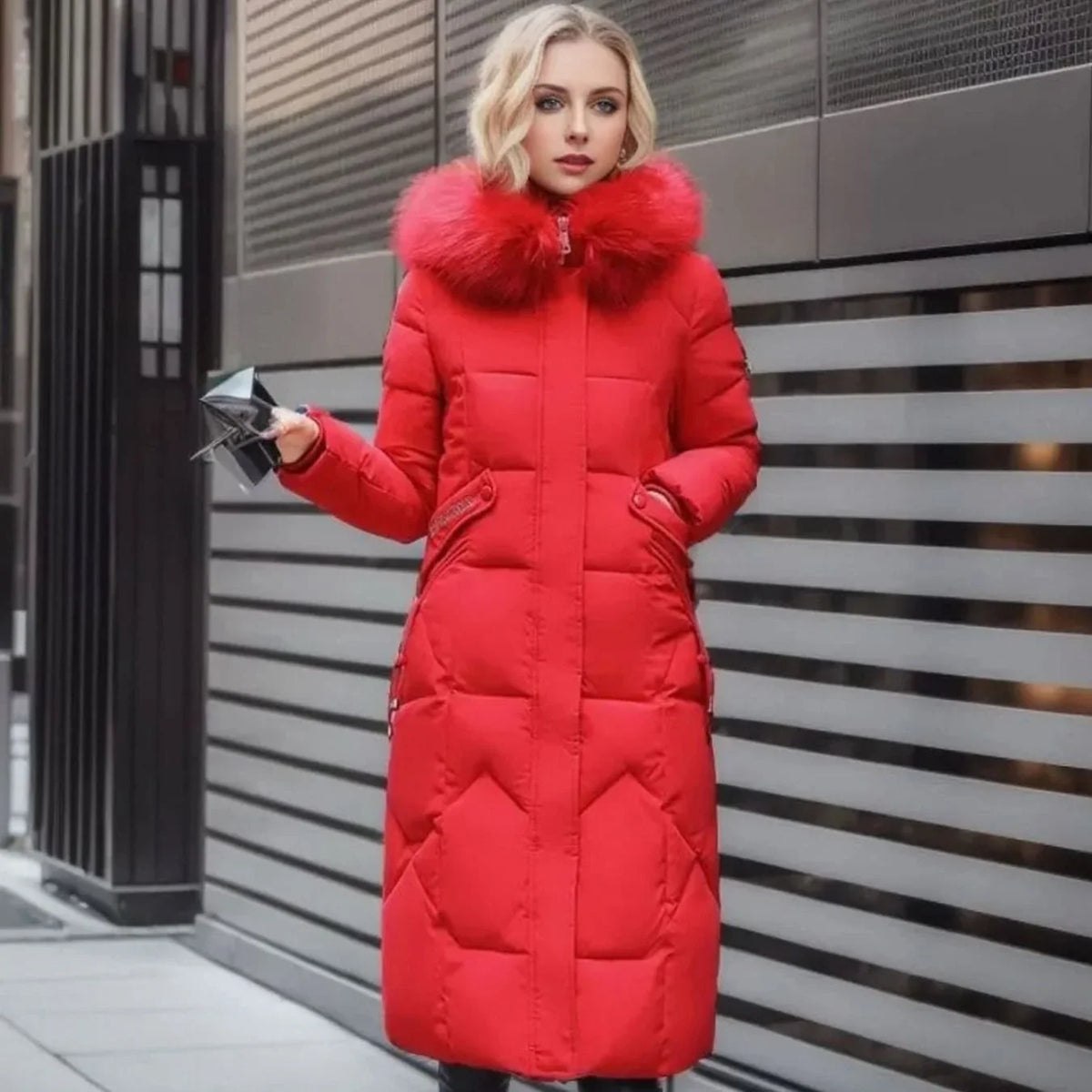 Long Hooded Puffer Coat – Black Faux Fur Trim