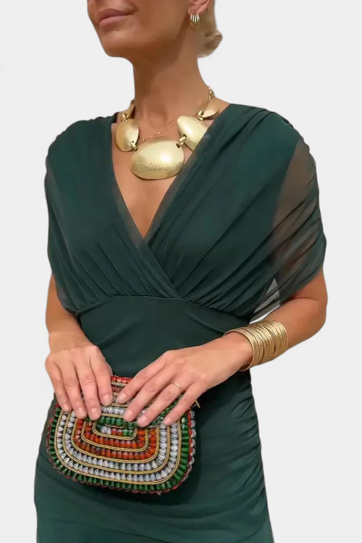 Off Shoulder Midi Dress Draped Wrap Bodice