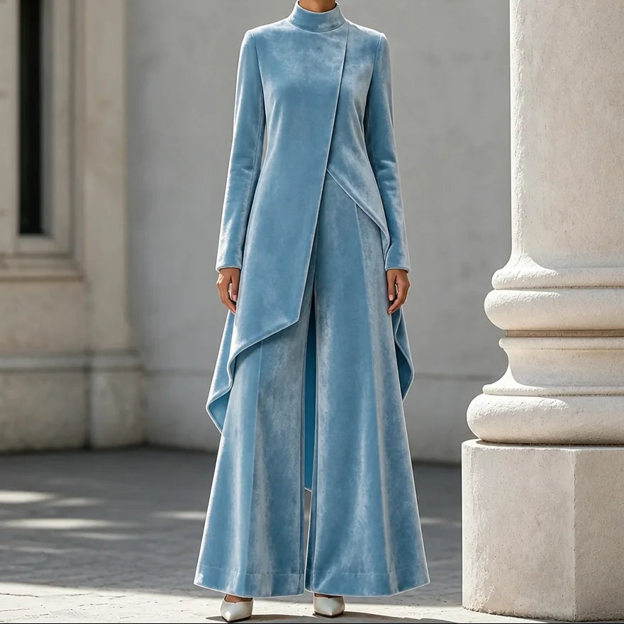 Velvet Drape Top and Wide-Leg Pant Set