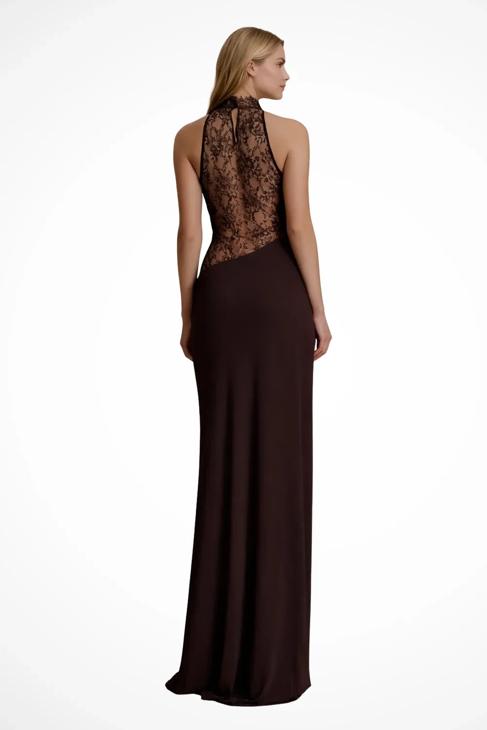 Lace Maxi Dress – Brown High Neck Halter