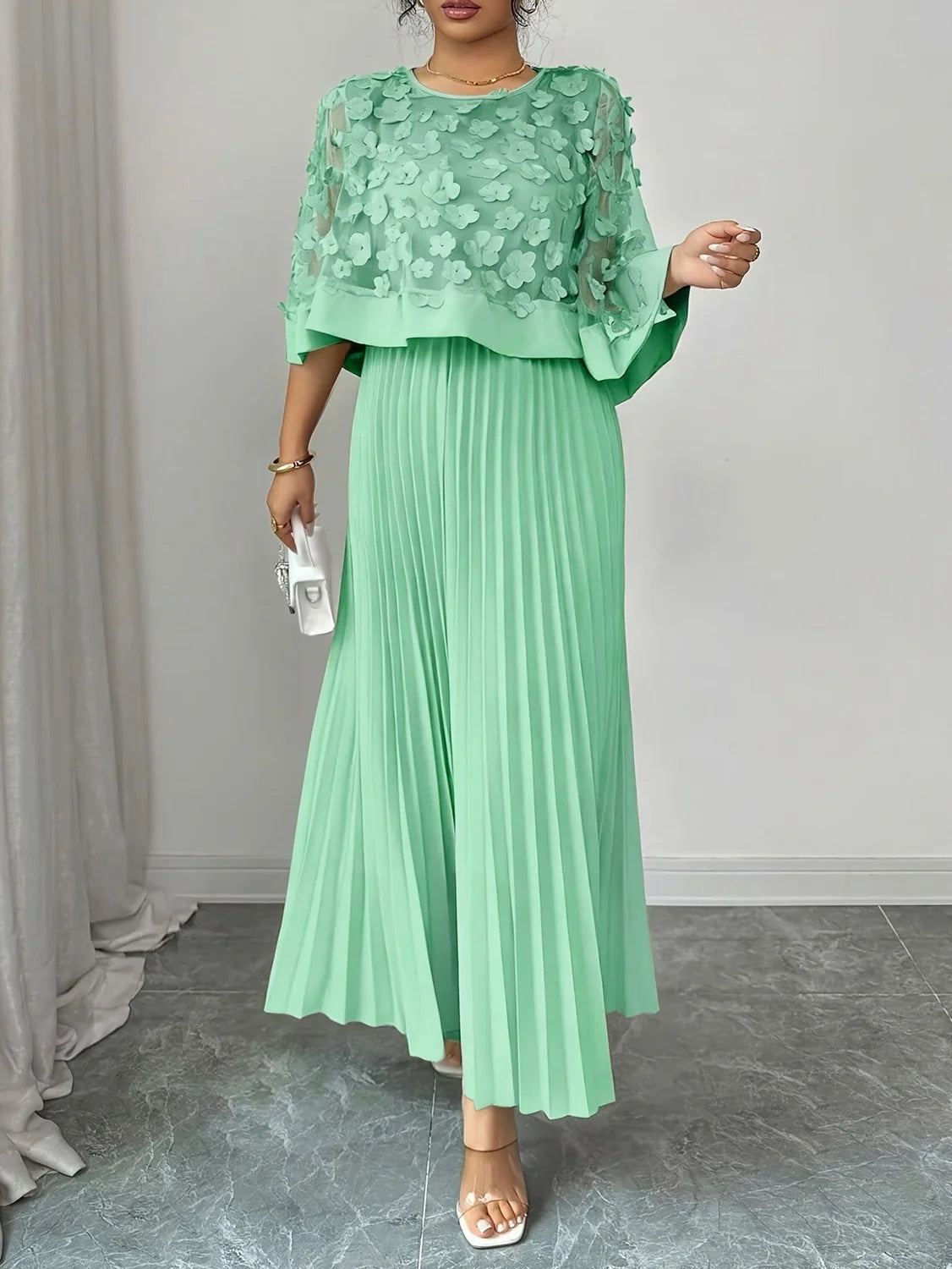 Maxi Dress 3D Floral Appliqué Pleated Wedding Guest