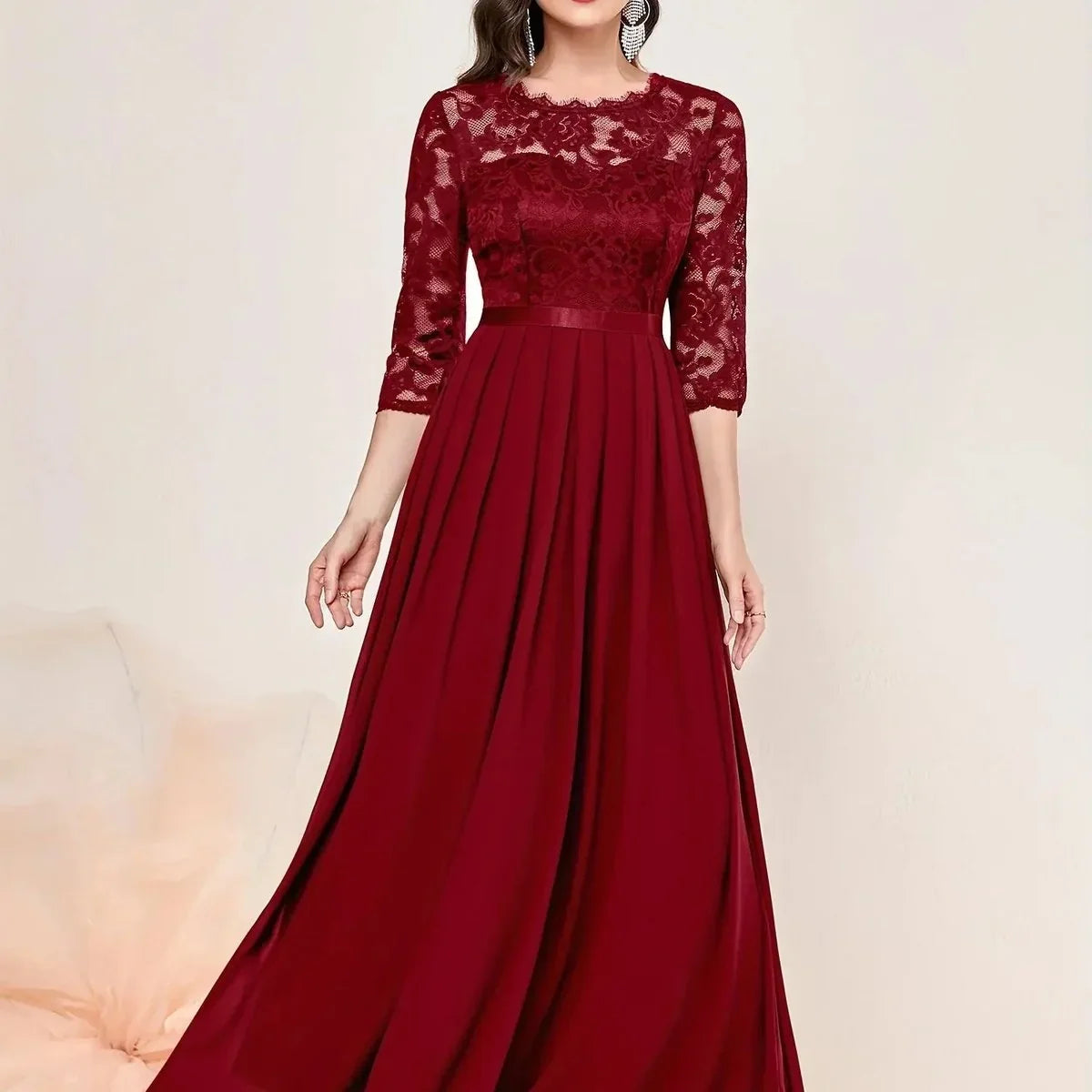 Lace Maxi Dress – Red Three-Quarter Sleeve
