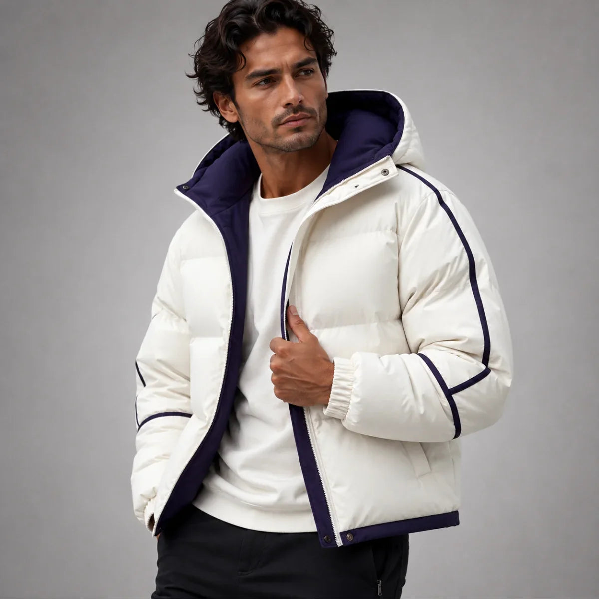 Men's Hooded Puffer Jacket – Black Contrast Piping
