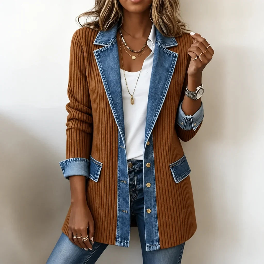Knit Coat with Denim Panels Ribbed Cardigan