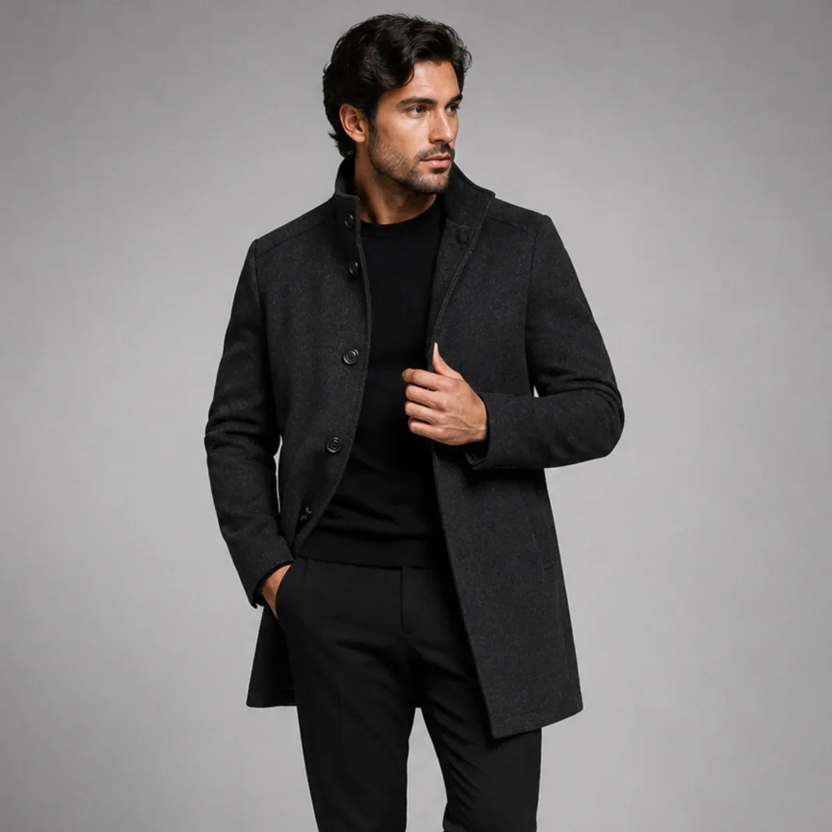 Men's Wool Coat – Black Stand Collar Overcoat