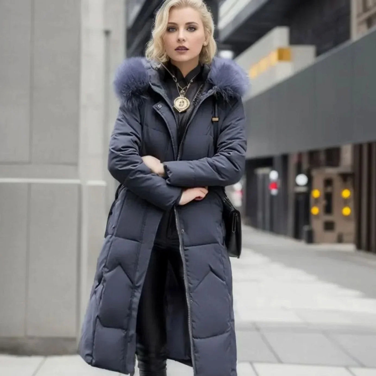 Long Hooded Puffer Coat – Black Faux Fur Trim