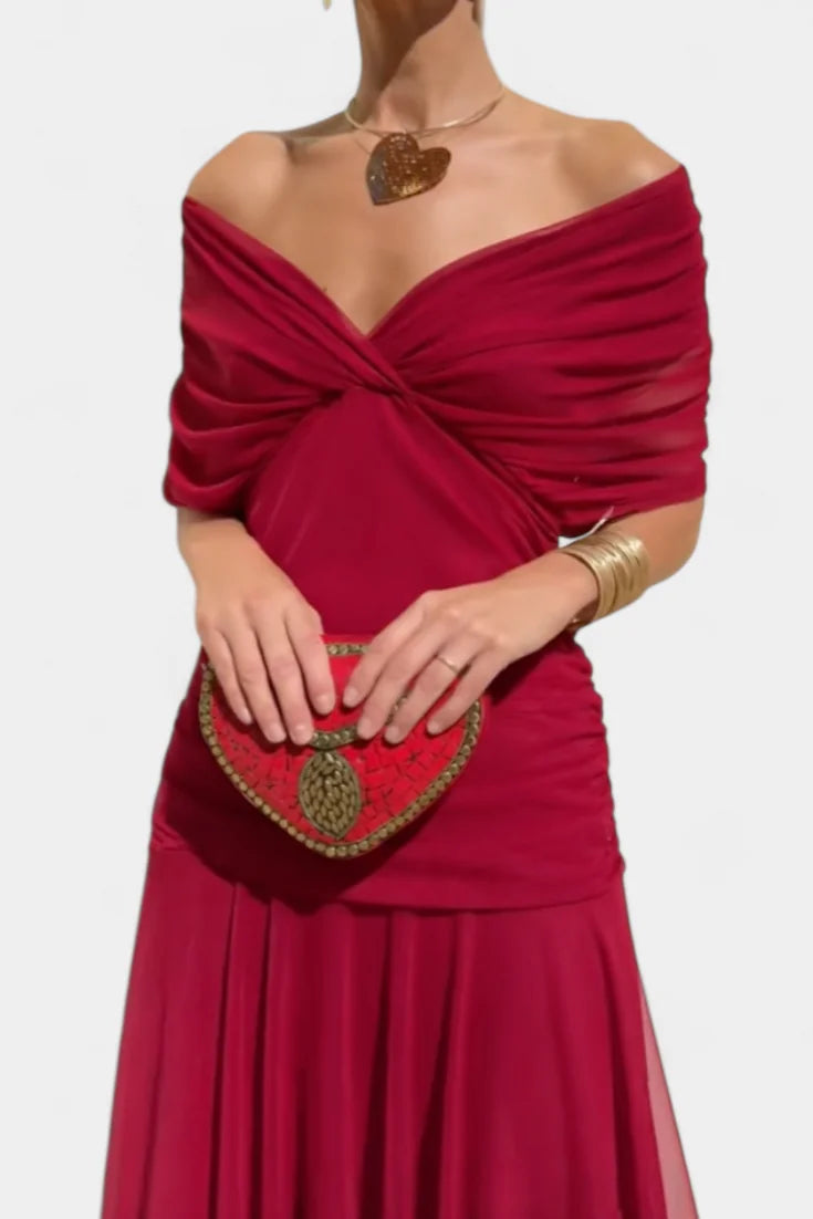 Off Shoulder Midi Dress Draped Wrap Bodice