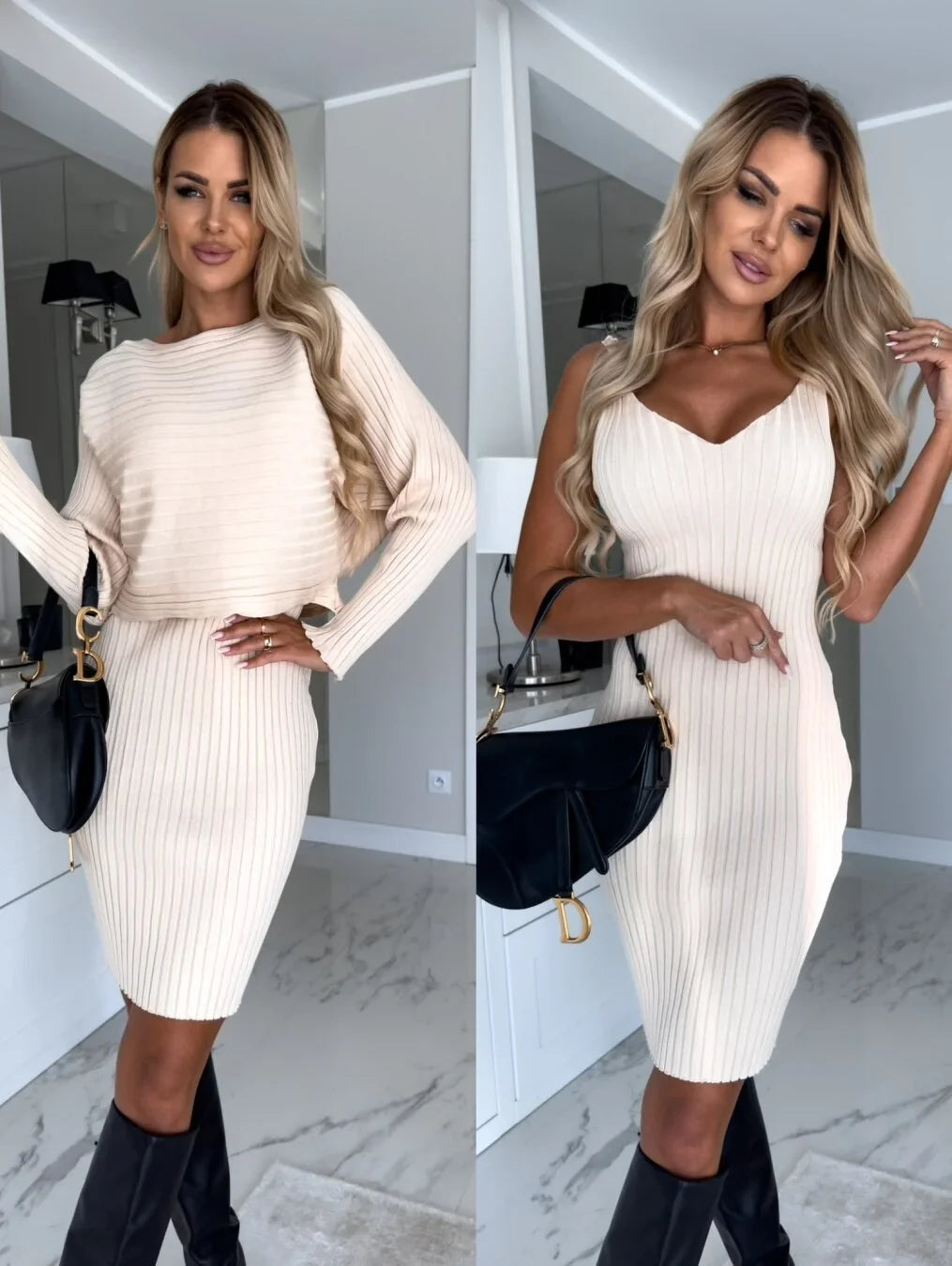 Sweater Dress – Grey Ribbed Two-Piece Midi