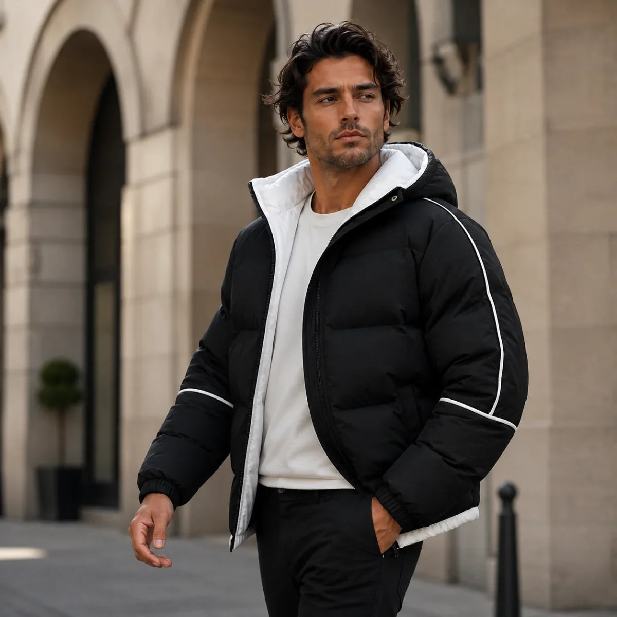 Men's Hooded Puffer Jacket – Black Contrast Piping