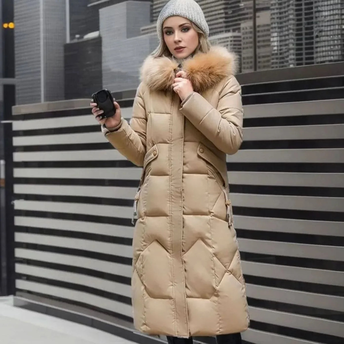 Long Hooded Puffer Coat – Black Faux Fur Trim